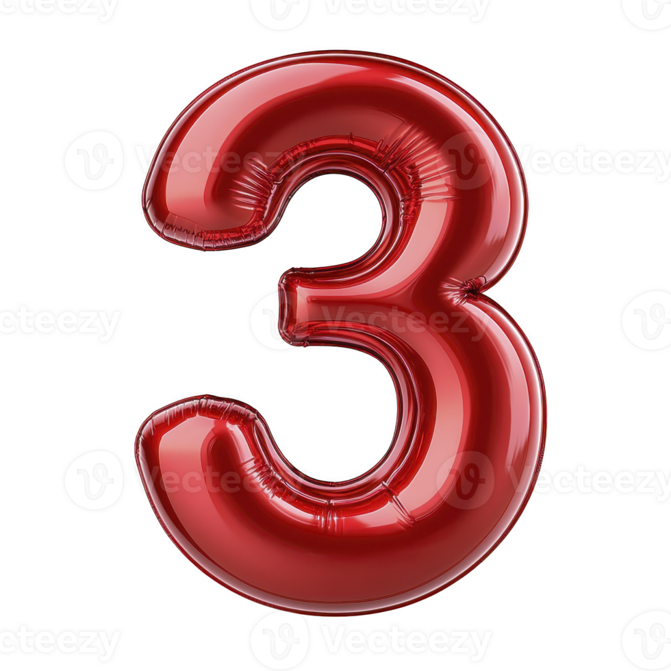 A shiny red balloon in shape of number three stands out against plain background, creating festive and celebratory atmosphere. glossy surface reflects light, enhancing its vibrant appearance png