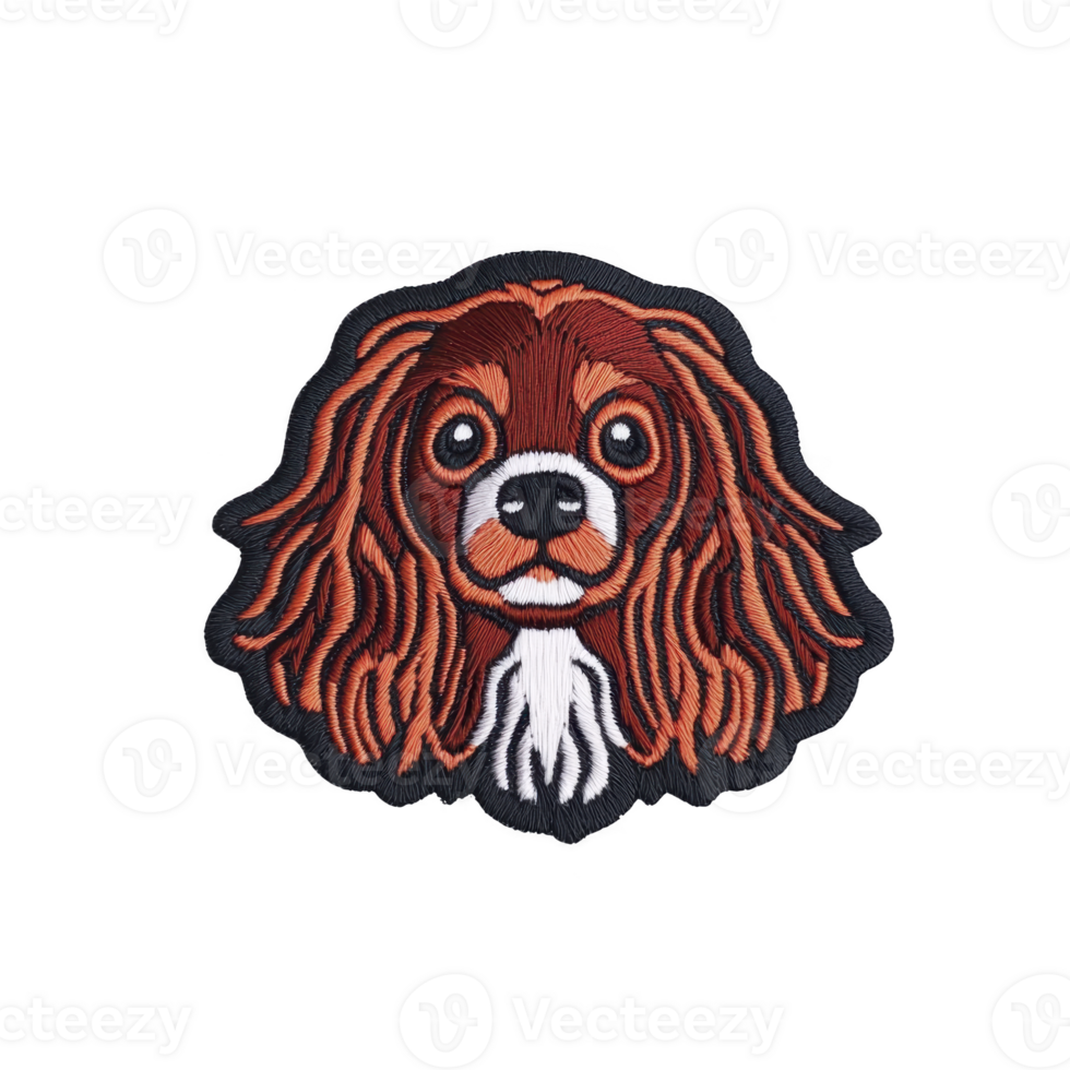 A This features embroidered patch of Cavalier King Charles Spaniel with detailed stitching. patch showcases dog long, flowing ears and expressive eyes, capturing lifelike and charming appearance png