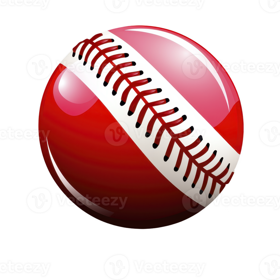 A shiny red baseball with white stitching, reflecting light, creates vibrant and dynamic appearance. glossy surface and detailed stitching add realistic touch to image png