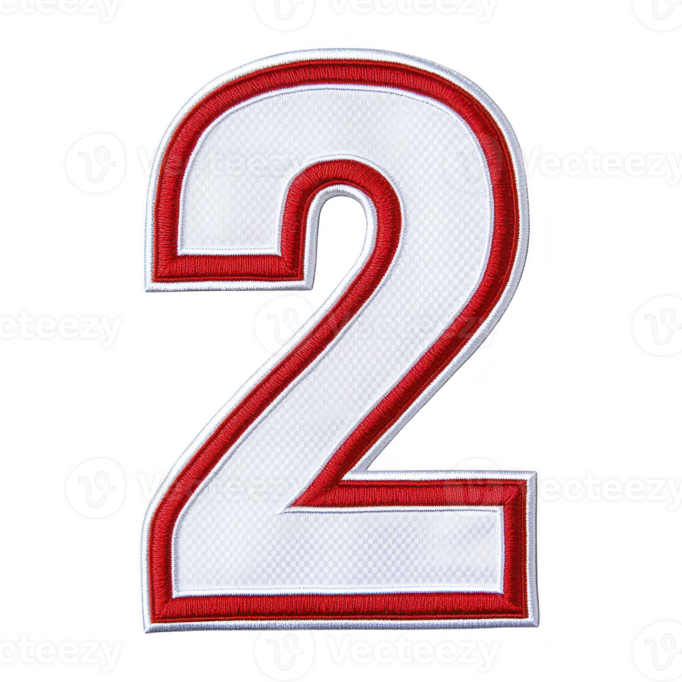 An image shows white embroidered number 2 with red border on transparency background. design is bold and stands out clearly png