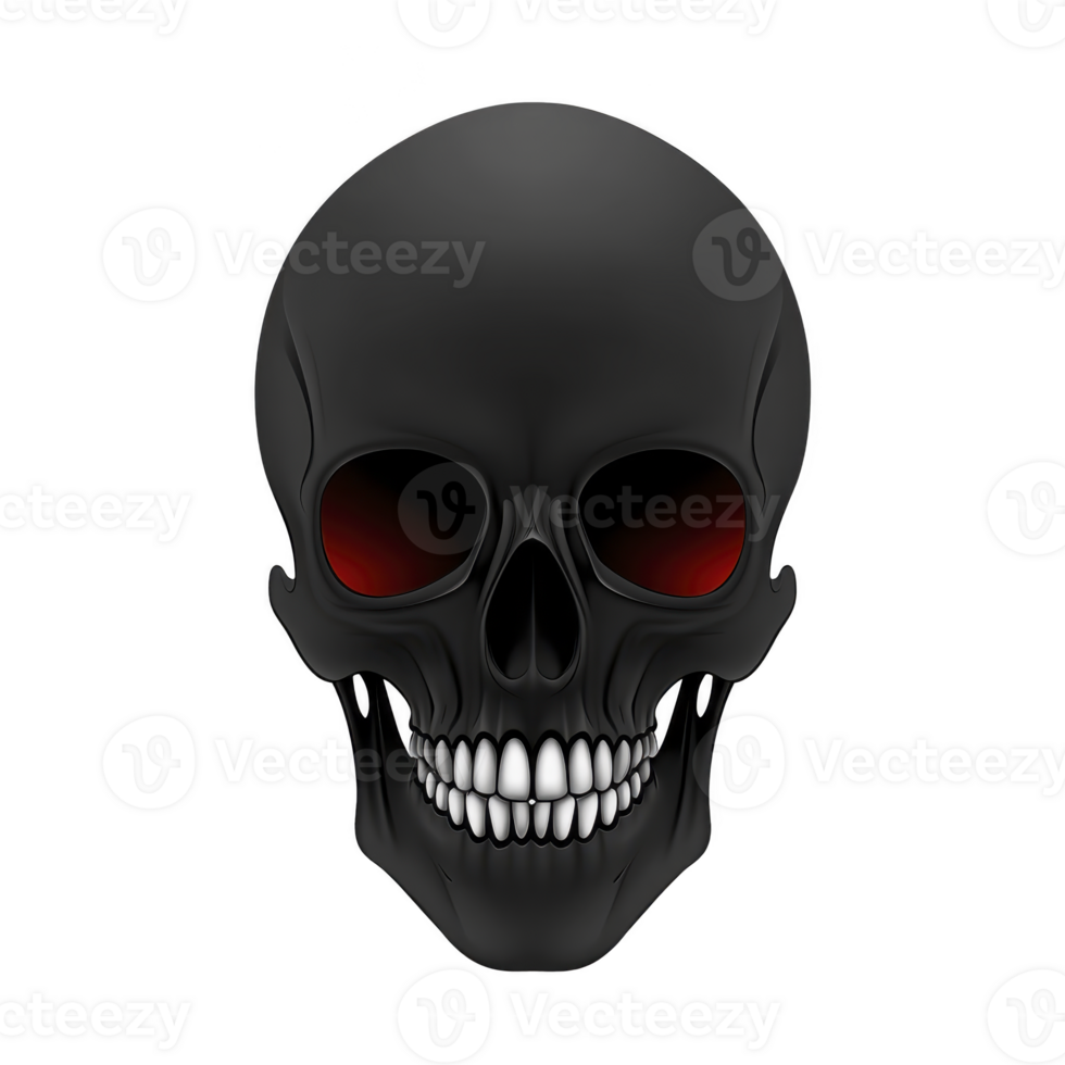 A dark, menacing skull with glowing red eyes and sharp teeth creates eerie and ominous atmosphere, perfect for Halloween or horror themes. black and red color scheme enhances its sinister appearance png