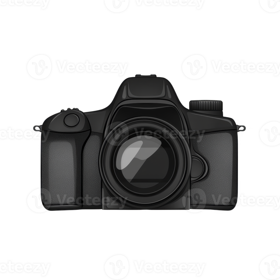 A sleek black digital camera with large lens is depicted, showcasing its modern design and professional appearance. camera is positioned facing forward, highlighting its features png