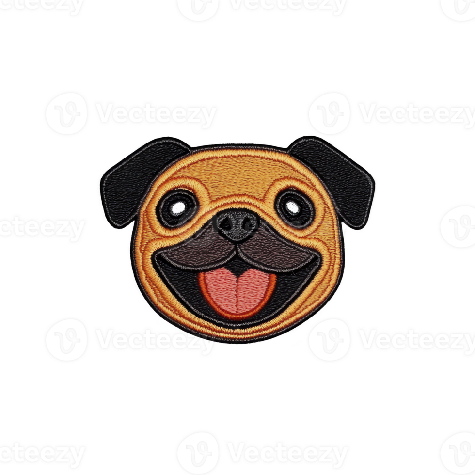 A cute embroidered patch features smiling pug face with playful expression, showcasing its tongue out and bright eyes. patch is designed with vibrant colors and detailed stitching png