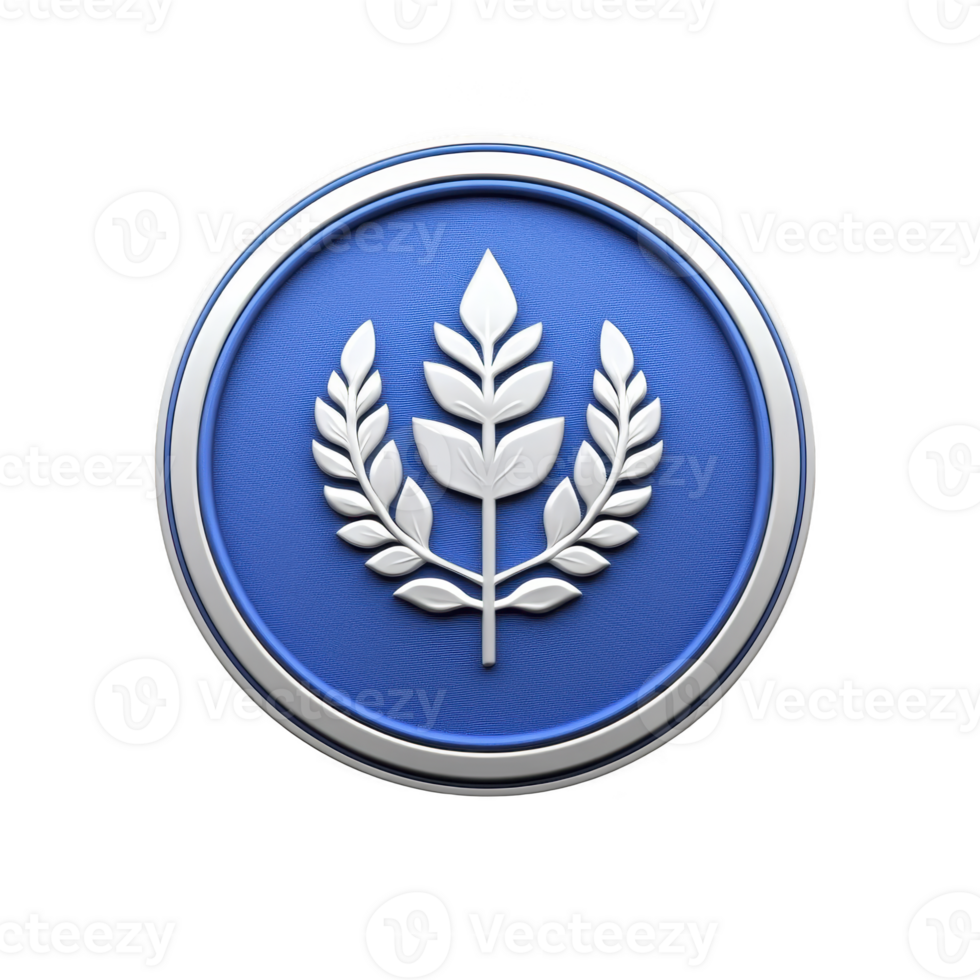 A blue circular emblem features white laurel wreath design, symbolizing victory and achievement. emblem clean and elegant design conveys sense of prestige and honor png