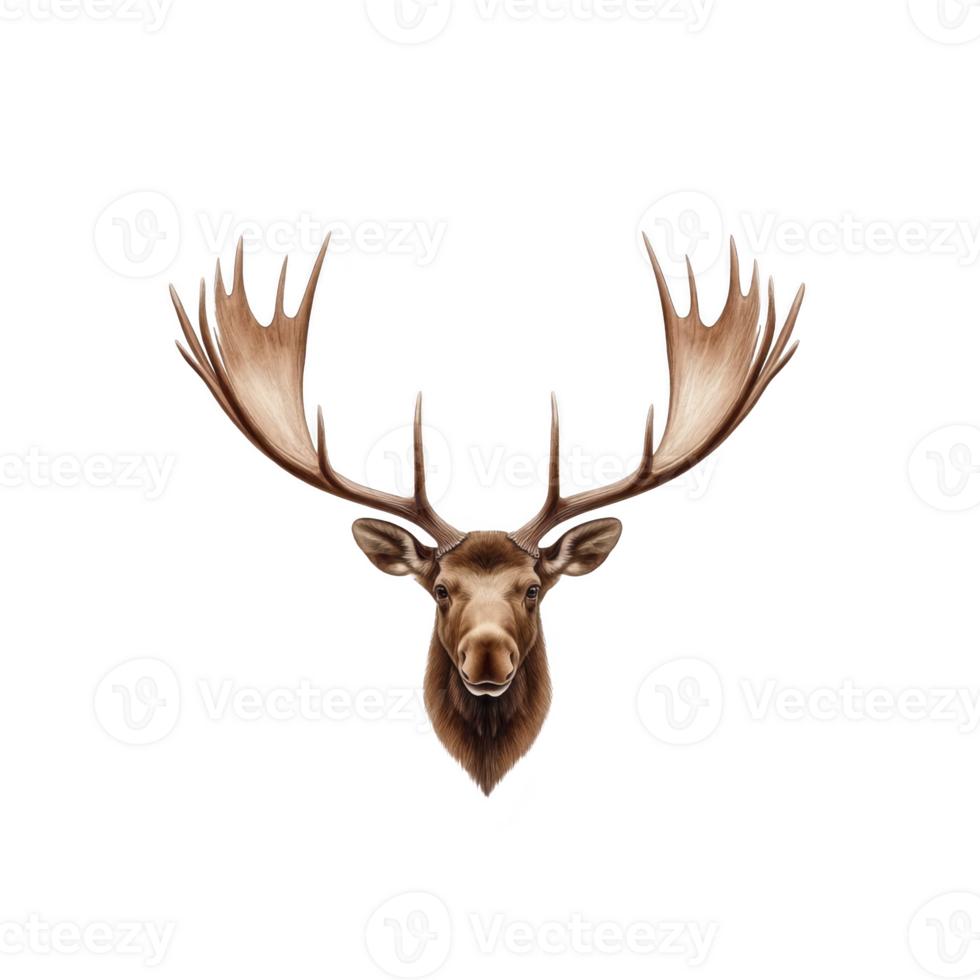 A realistic illustration of moose head with large antlers, isolated on transparency background, showcasing detailed textures and natural colors png