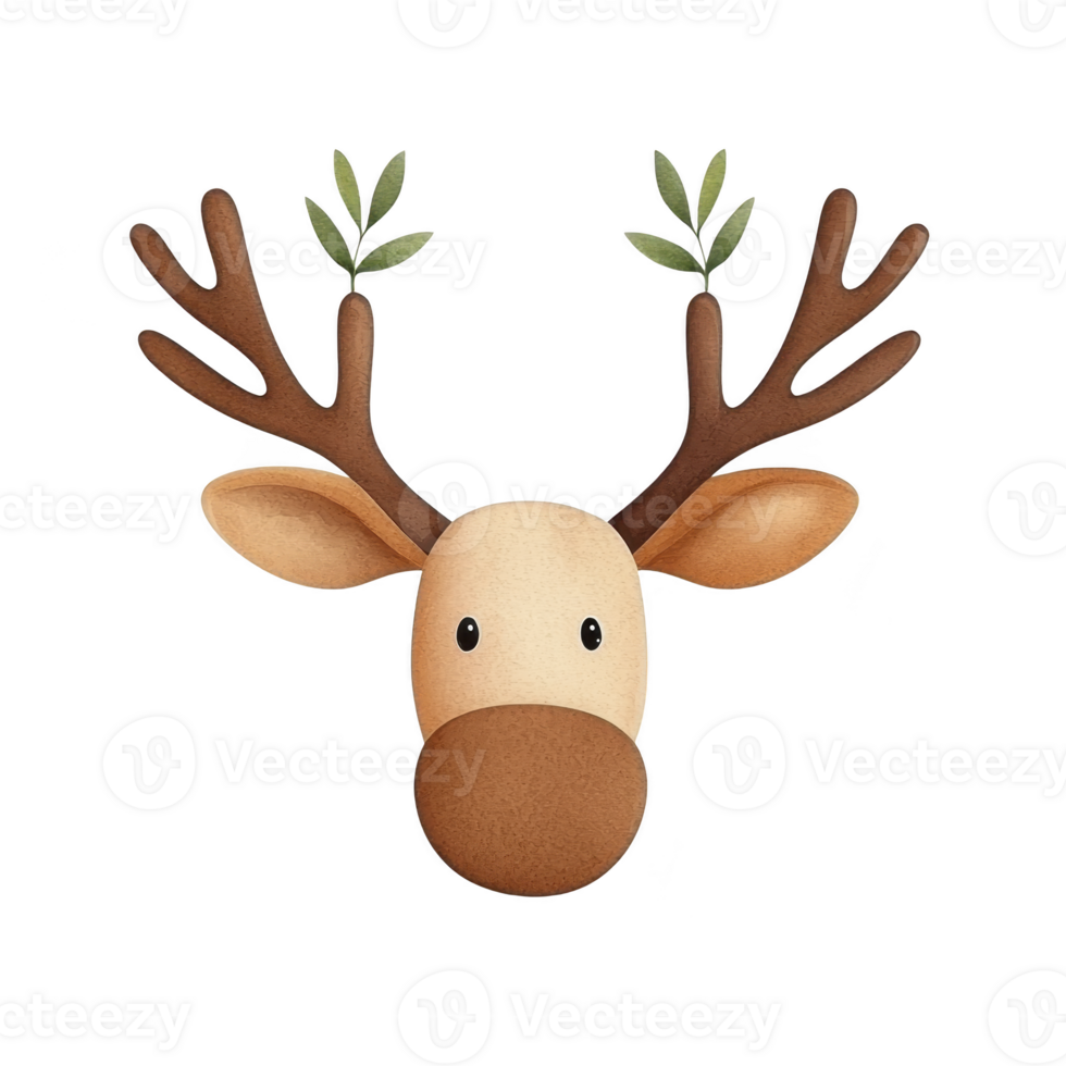A cute cartoon reindeer head with large antlers and small leaves, featuring simple and friendly expression. reindeer is designed in minimalist style with soft colors png