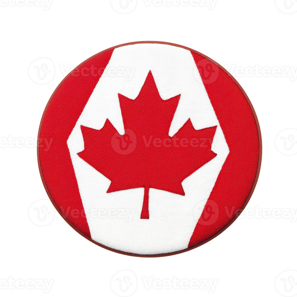A This features circular patch with red maple leaf design, symbolizing Canada, set against red and transparency background. patch is likely used for clothing or accessories png