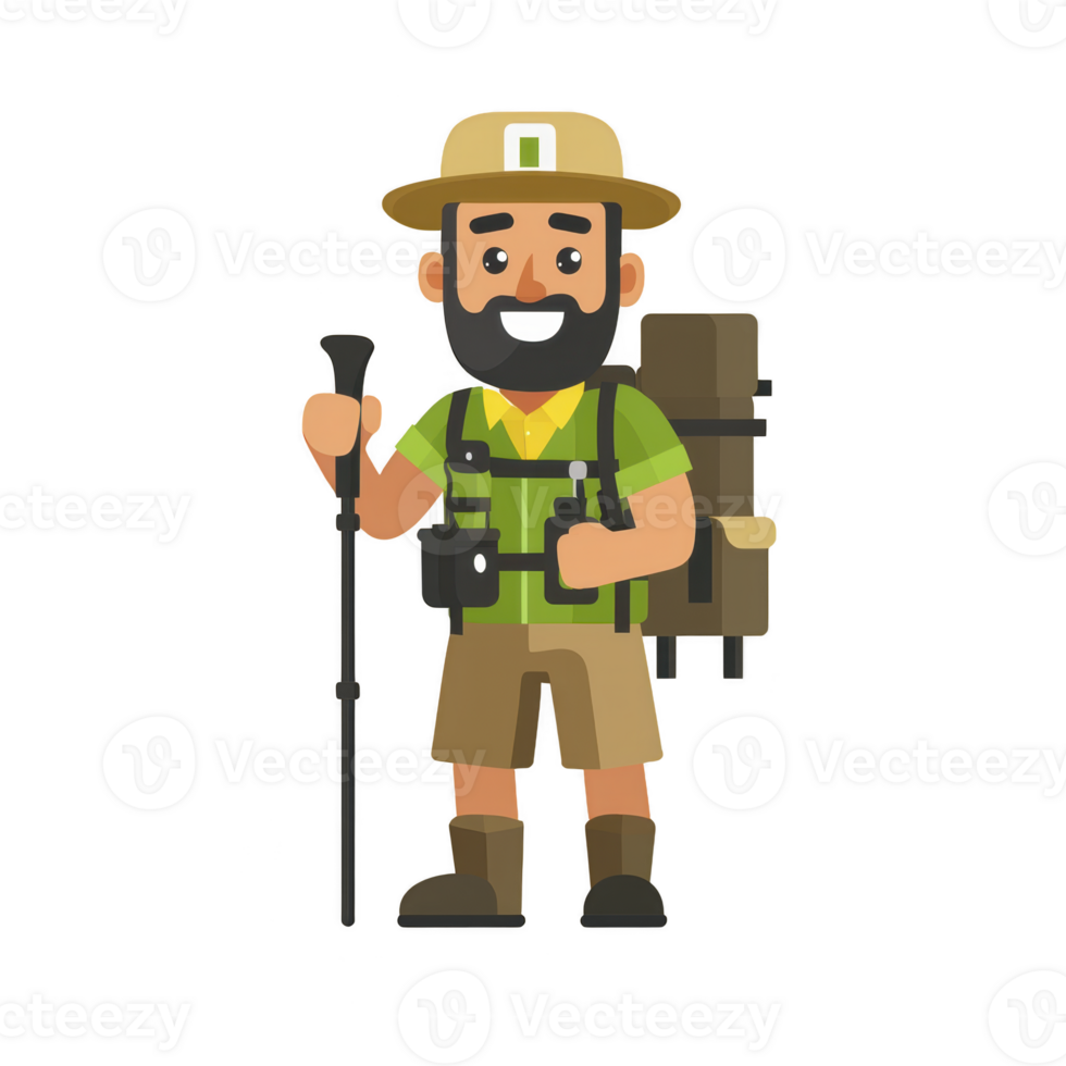 A cheerful cartoon park ranger is depicted wearing green shirt, brown shorts, and wide brimmed hat, holding walking stick and carrying large backpack png