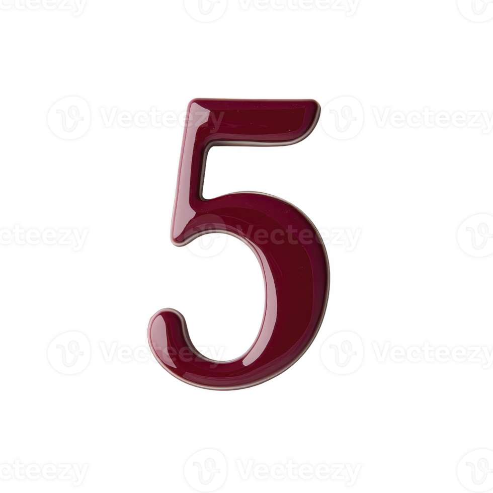 A shiny, burgundy number five stands out against plain background, showcasing sleek and modern design. glossy finish adds touch of elegance and sophistication png
