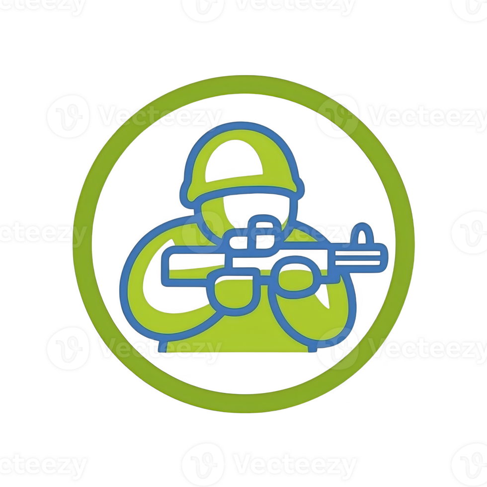 A This features stylized icon of soldier holding rifle, outlined in blue and green, enclosed within green circle. design is simple and modern.soldier icon with rifle in green and blue circle png