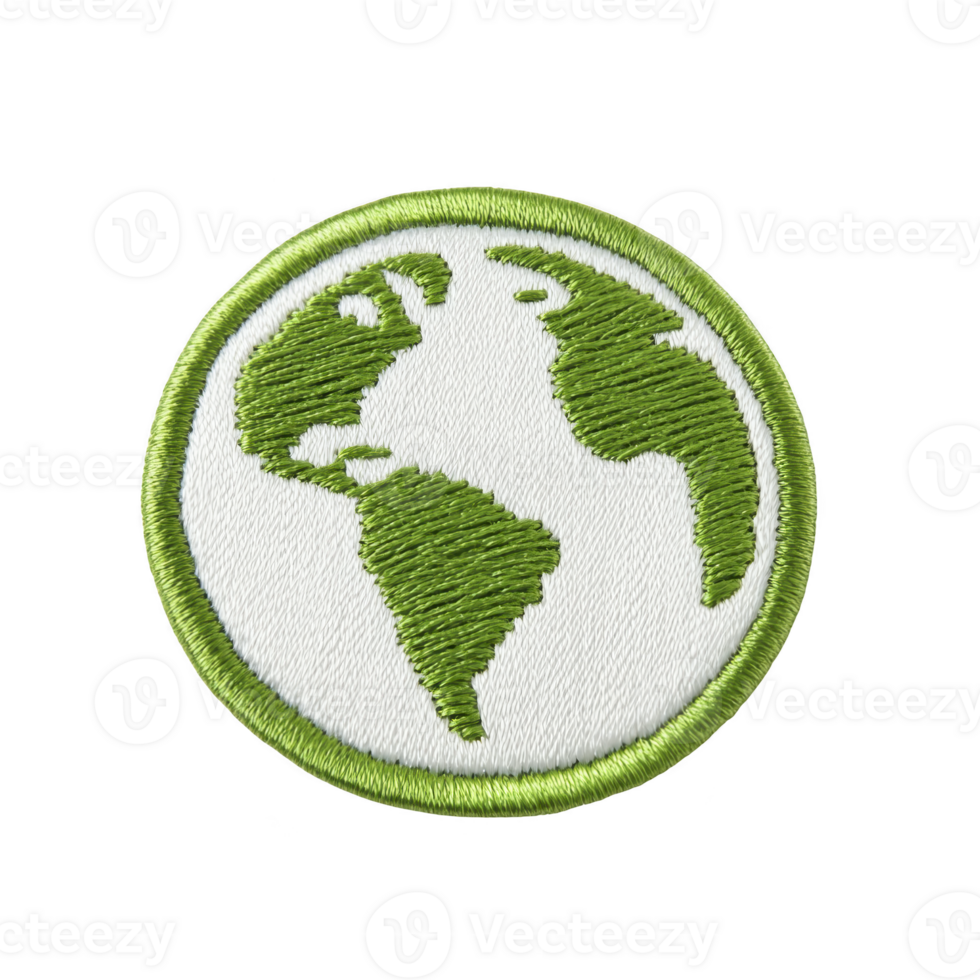 A This features green and white embroidered patch depicting globe, symbolizing environmental awareness and global unity. patch is circular with simple design.globe patch design png