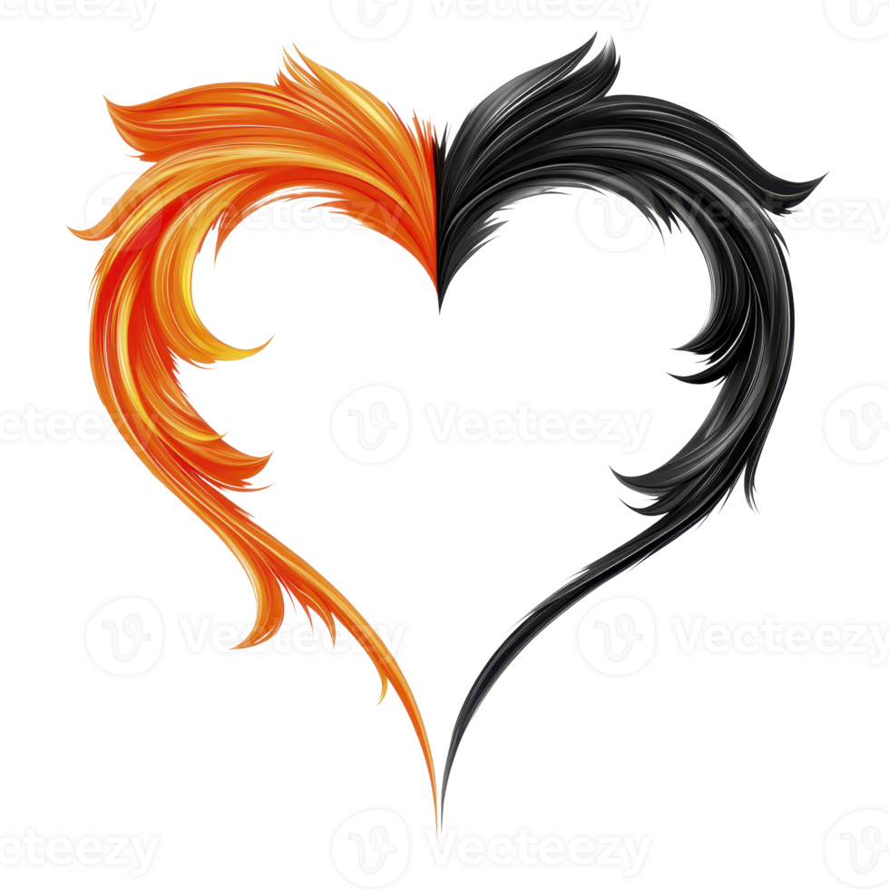 A heart shaped design combines fiery orange and cool black elements, symbolizing passion and balance. dynamic, swirling patterns create sense of movement and contrast png