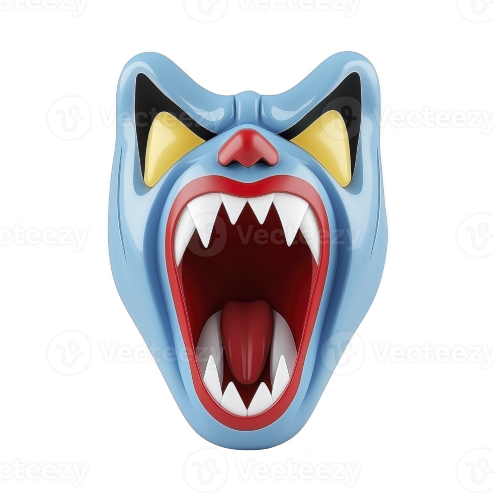 A This features stylized, fierce looking mask with sharp teeth and exaggerated features, resembling cartoonish animal or monster. mask is primarily blue with red and yellow accents, conveying sense png
