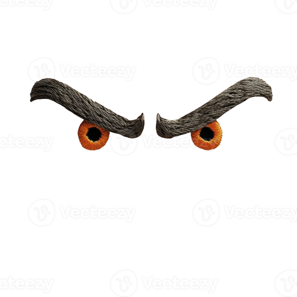 A Fierce, animated eyes with bushy eyebrows and orange irises convey sense of intensity and focus. dark, textured eyebrows add dramatic flair to expression png
