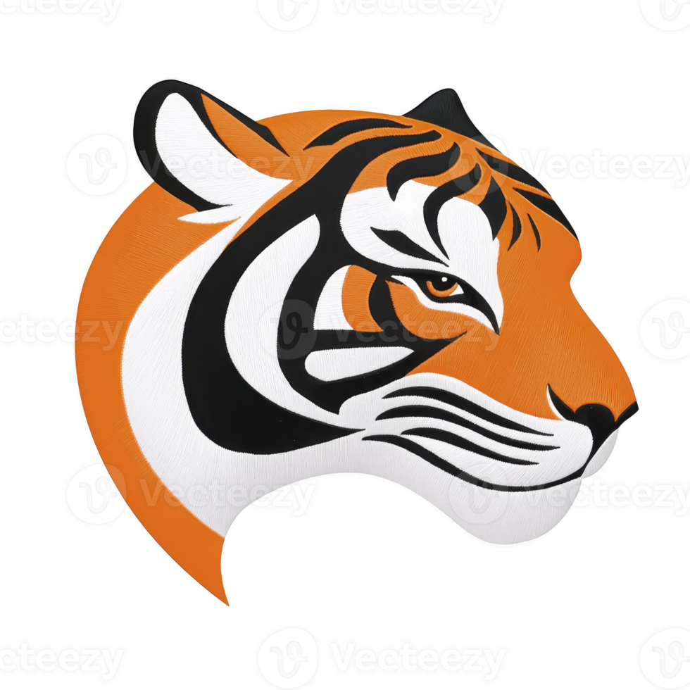 A stylized tiger head illustration features bold orange, black, and white colors, capturing fierce and majestic essence of animal. design is modern and dynamic png