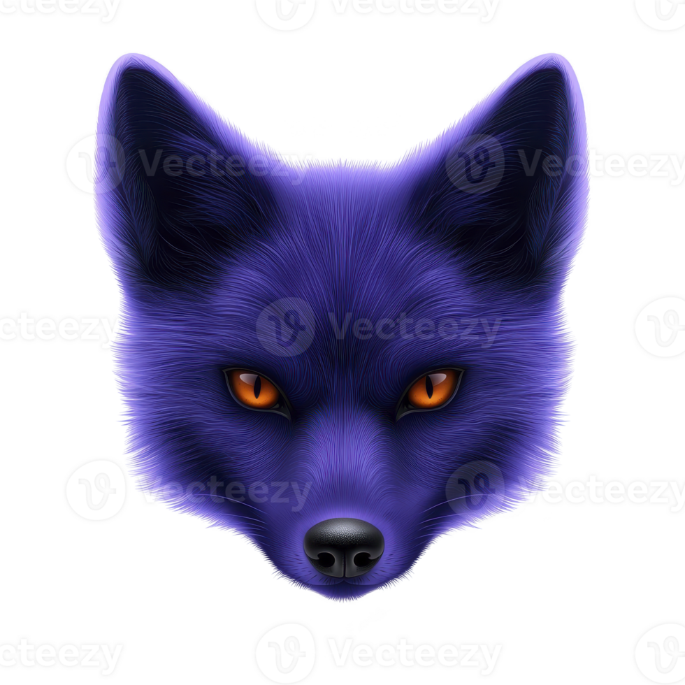 A digitally illustrated purple fox head with striking orange eyes, showcasing detailed fur texture and realistic expression. vibrant colors create captivating and artistic look png