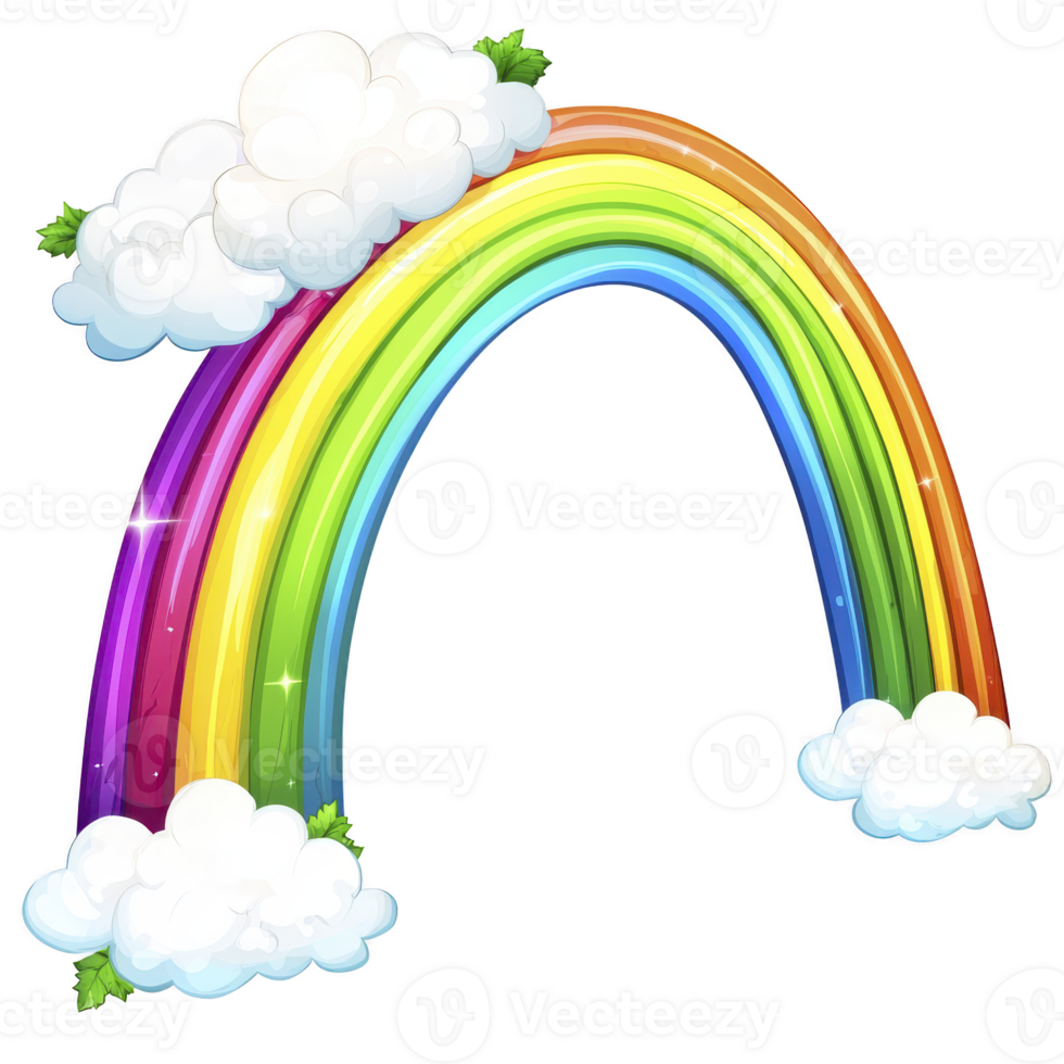 A vibrant, colorful rainbow arches through fluffy white clouds, creating cheerful and whimsical scene. bright spectrum of colors adds sense of joy and wonder png