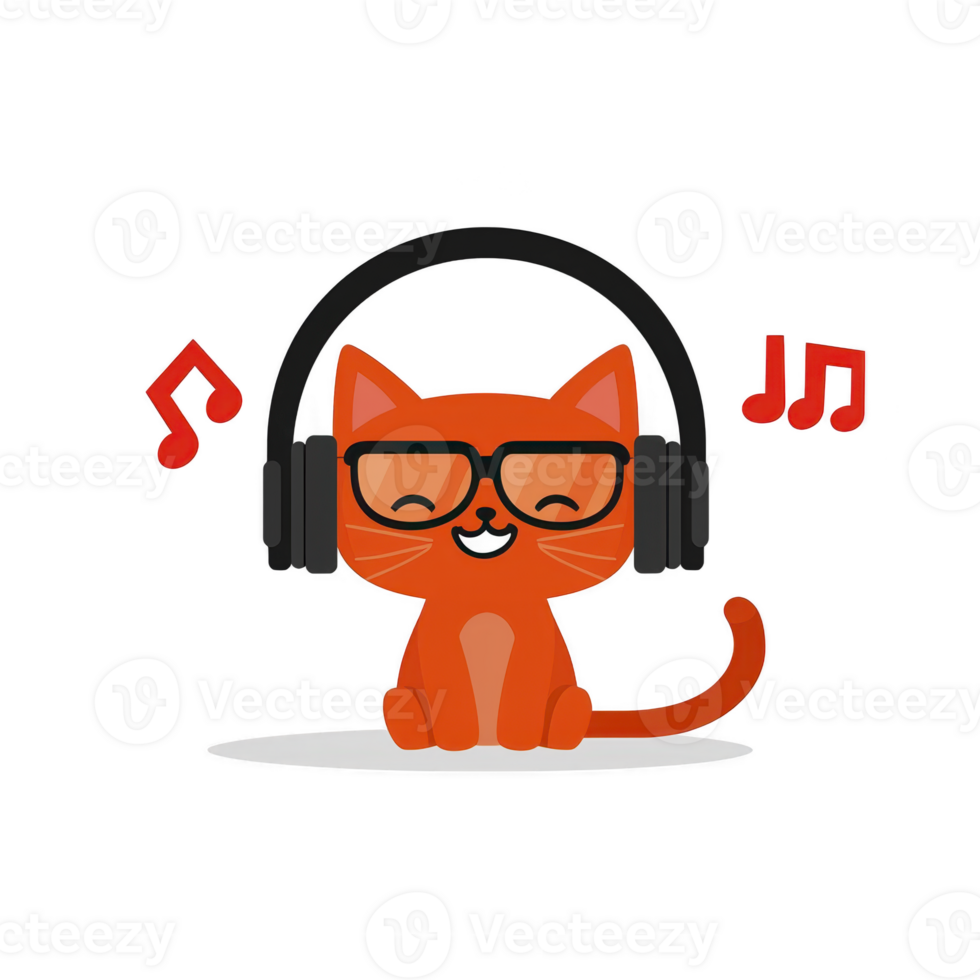 A cute cartoon cat wearing headphones and glasses enjoys music, surrounded by musical notes. orange feline sits contentedly, exuding playful and cheerful vibe png