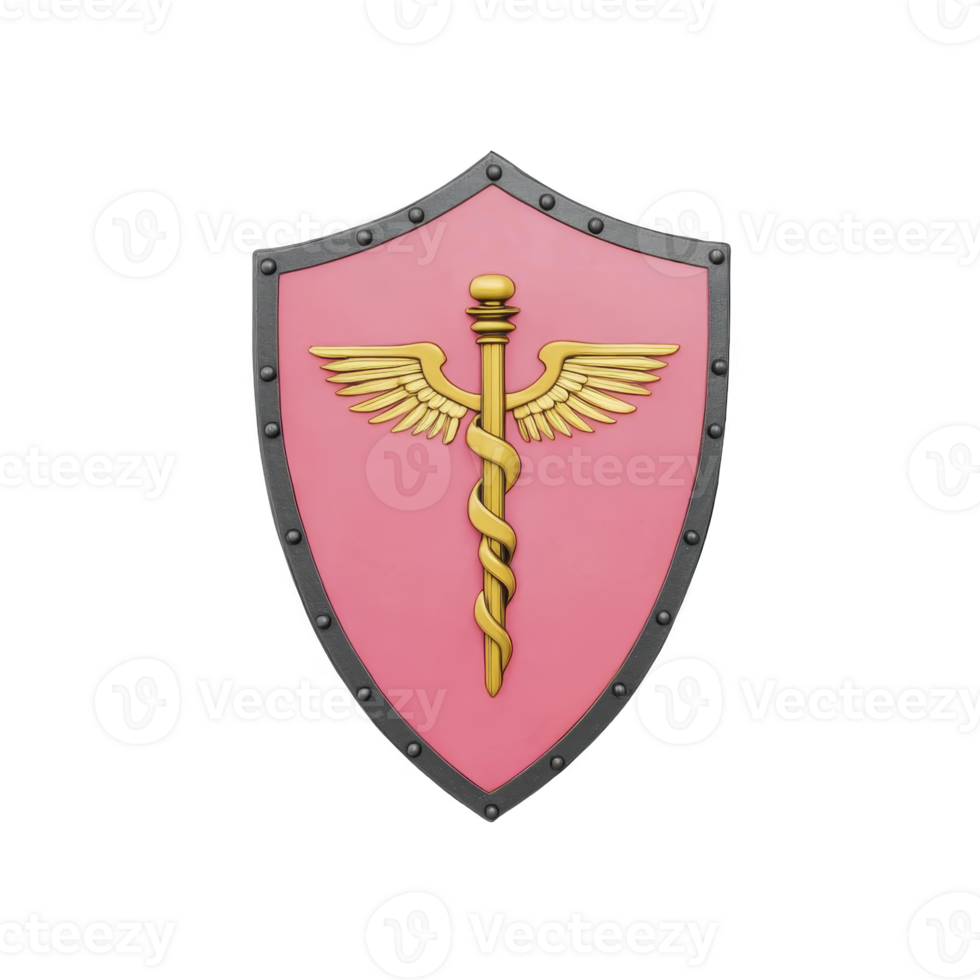 A pink shield with golden caduceus symbol, featuring two wings and two snakes, represents protection and healthcare. design is bold and symbolic, conveying safety and medical care png