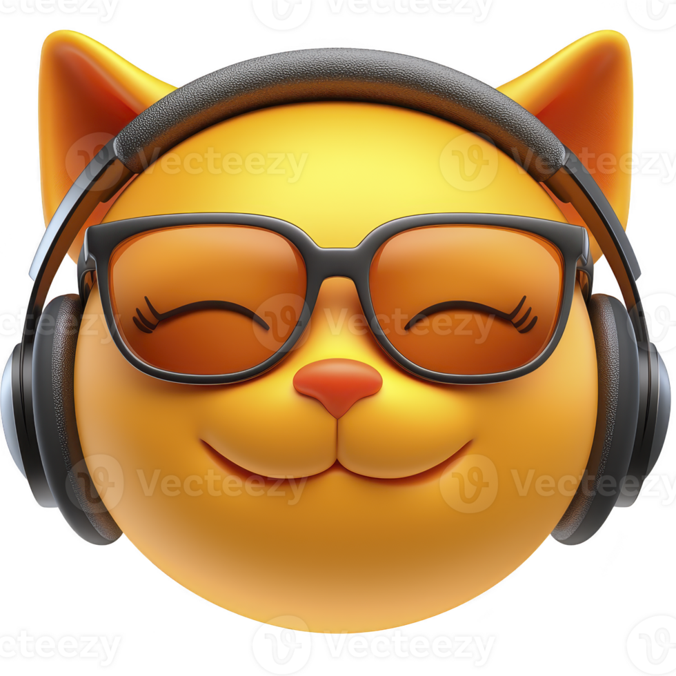 A cheerful cat emoji with headphones and sunglasses, expressing relaxed and happy vibe. bright yellow face and playful design make it perfect for conveying joy and music appreciation png