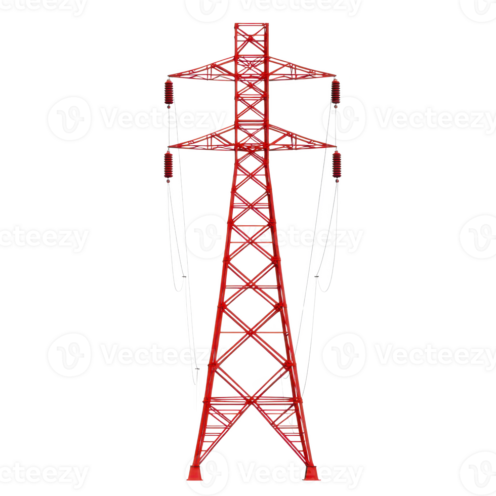 A red electricity transmission tower stands tall, showcasing its intricate lattice structure and insulators. tower is designed for high voltage power lines, emphasizing industrial engineering png