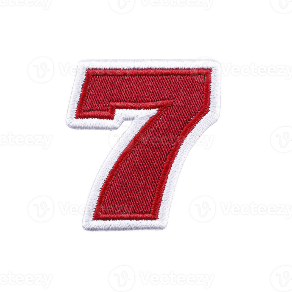 An image shows red embroidered number seven with white border transparency background. design is bold and eye catching, suitable for clothing or accessories.Red embroidered number seven with white png