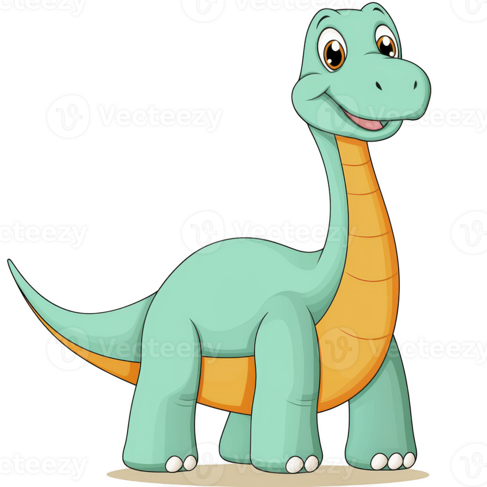 A cute cartoon dinosaur with long neck and cheerful expression stands on simple background. dinosaur is green with orange underbelly, large eyes, and friendly smile png