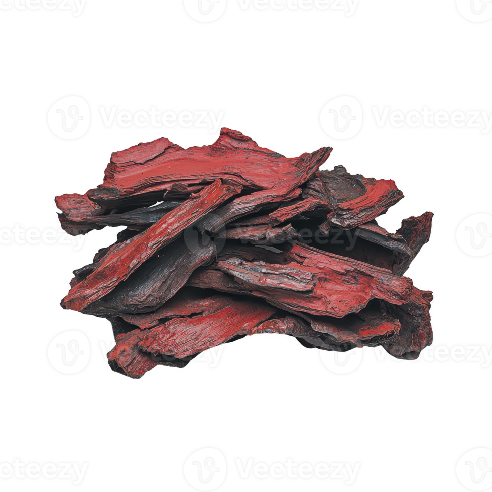 A Red wood chips are stacked in pile, showcasing their vibrant color and rough texture. These chips are often used for decorative purposes in gardens and landscaping, adding bold touch png