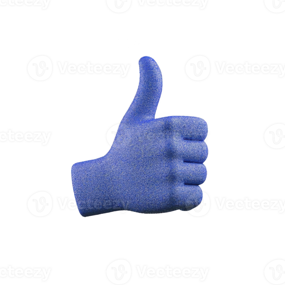 A blue foam hand in shape of thumbs up gesture, often used as symbol of approval or support, is depicted against plain background. texture is soft and spongy png
