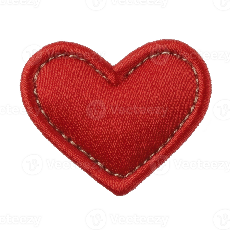 A red fabric heart patch with visible stitching, symbolizing love and affection. texture and vibrant color make it ideal for crafts or clothing embellishments png
