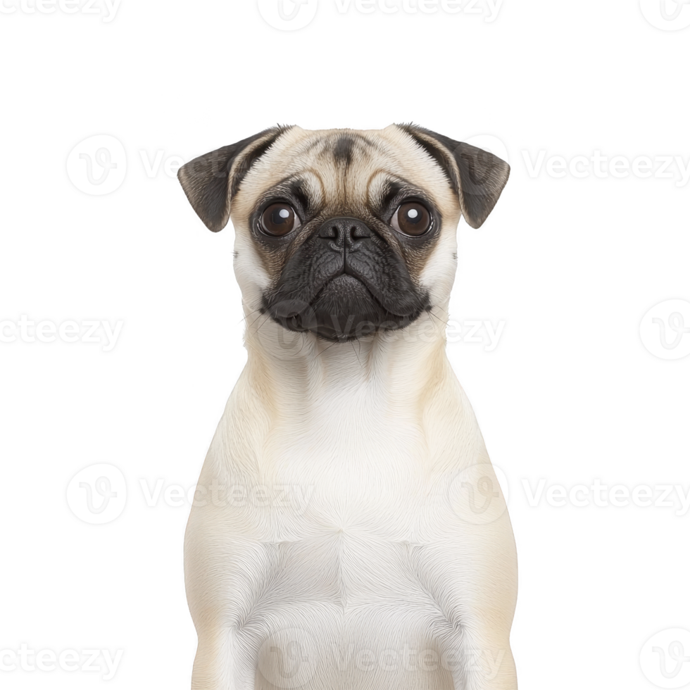 A cute pug with curious expression sits against plain background, showcasing its distinctive wrinkled face and small size. dog light fur contrasts with its dark ears and snout png