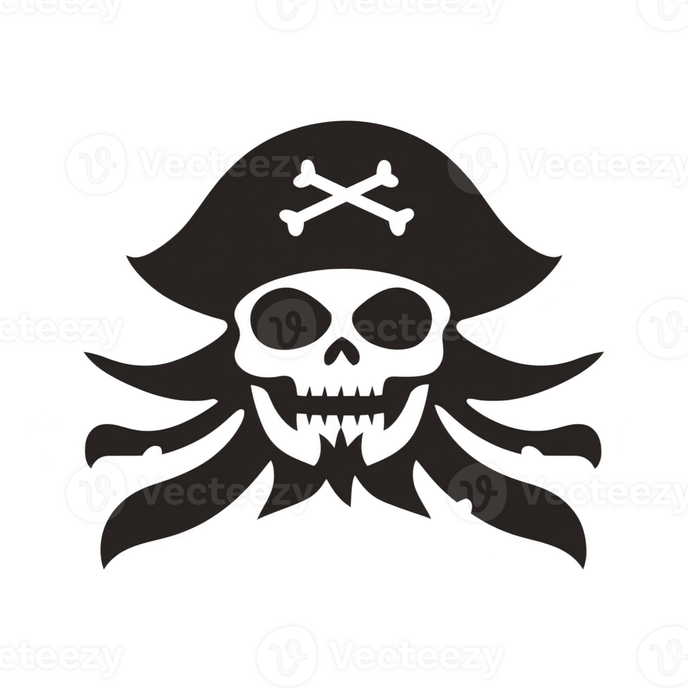 A pirate skull with crossbones and hat, featuring menacing expression, symbolizes piracy and adventure. design is simple and bold, often used in pirate themed contexts png