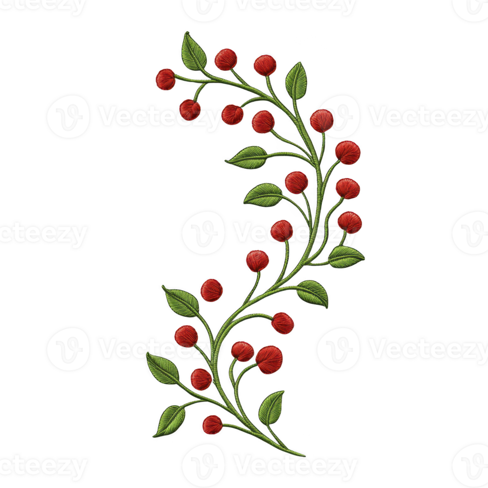 A vibrant embroidery design features curved vine adorned with red berries and green leaves, creating natural and artistic pattern. intricate details highlight texture and color contrast png
