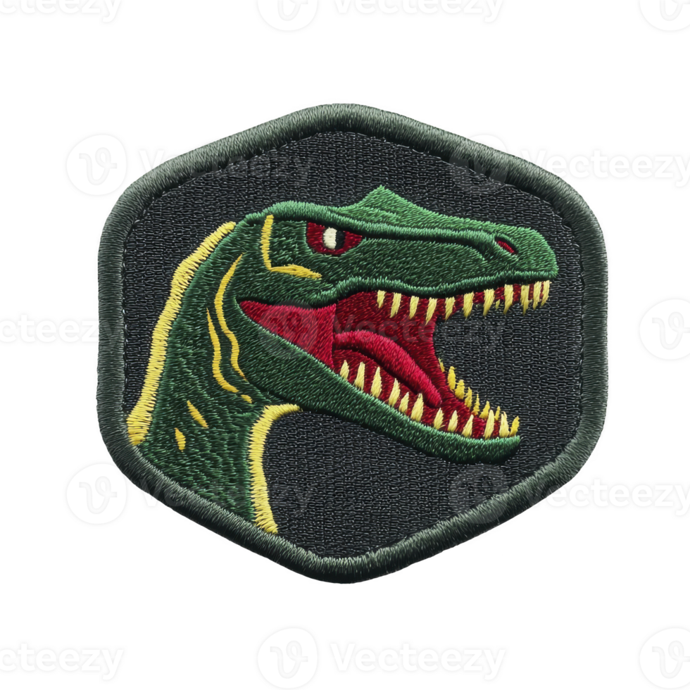 A fierce dinosaur head is embroidered on hexagonal patch, featuring sharp teeth and vivid colors, set against transparency background. design is bold and eye catching png