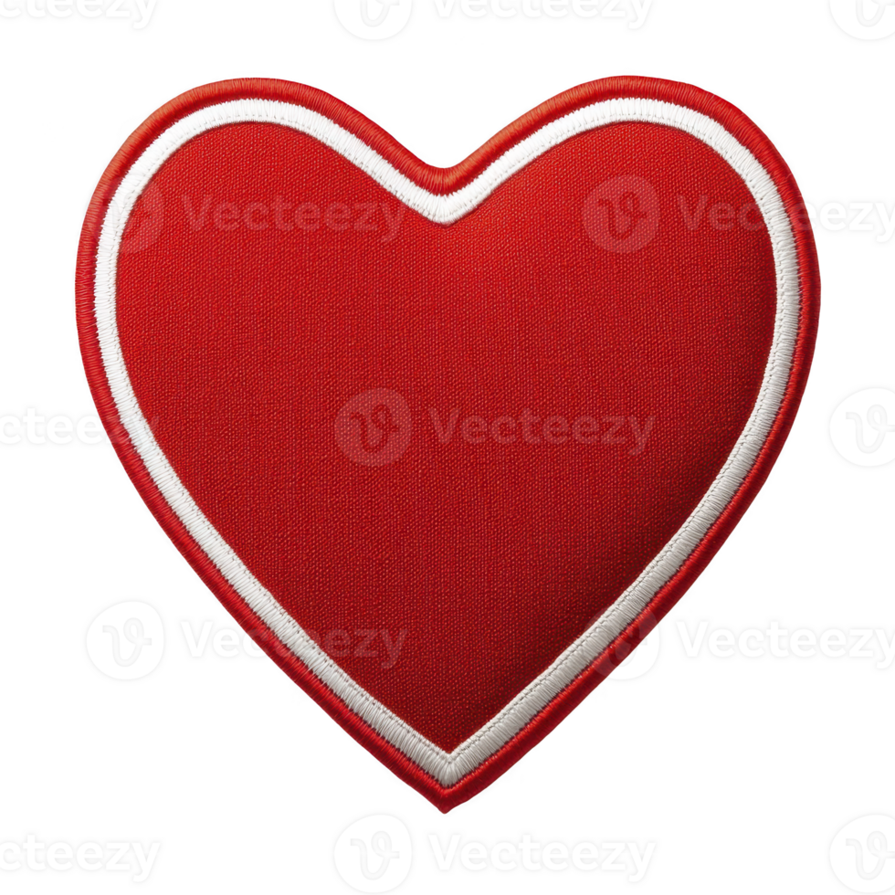 A vibrant red heart shaped patch with white border, symbolizing love and affection. fabric texture adds tactile element, making it ideal for clothing or accessories png