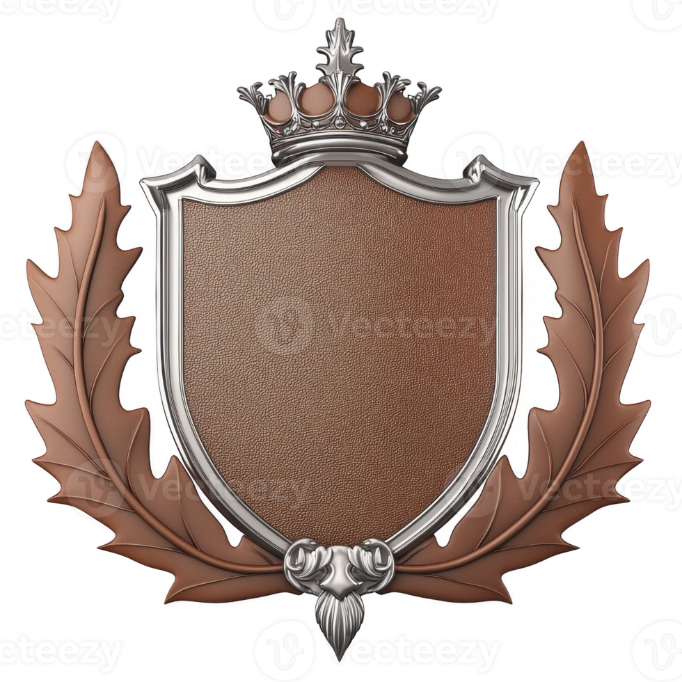 A decorative emblem features blank brown shield with silver border, topped by crown. Oak leaves in bronze color flank shield, adding regal and classic touch png