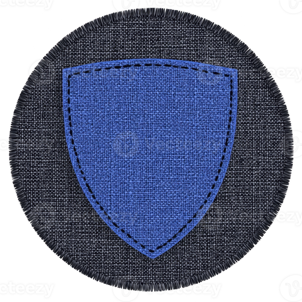 A blue shield shaped patch with textured fabric design is centered on round, dark gray background. patch features stitched border, giving it handcrafted appearance png