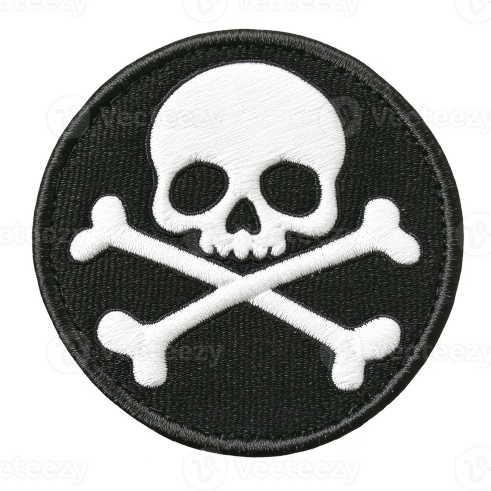 A black circular patch features white skull and crossbones design, symbolizing danger or piracy. embroidery is detailed, giving textured appearance to classic emblem png