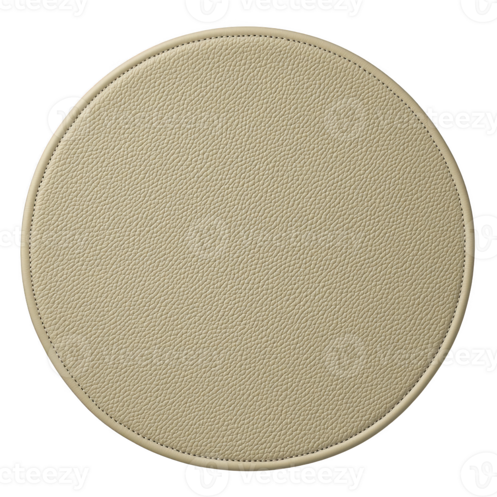 A round beige leather coaster with textured surface and stitched edges, perfect for protecting surfaces from drink spills. Its simple design adds touch of elegance to any setting png