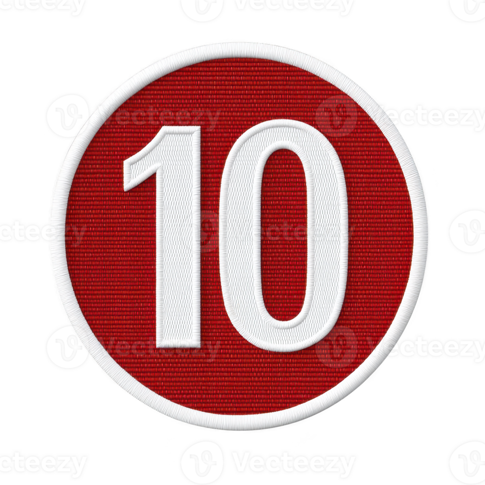 A red circular patch with number 10 prominently displayed in white, symbolizing achievement or ranking. textured fabric adds tactile quality, enhancing its visual appeal png