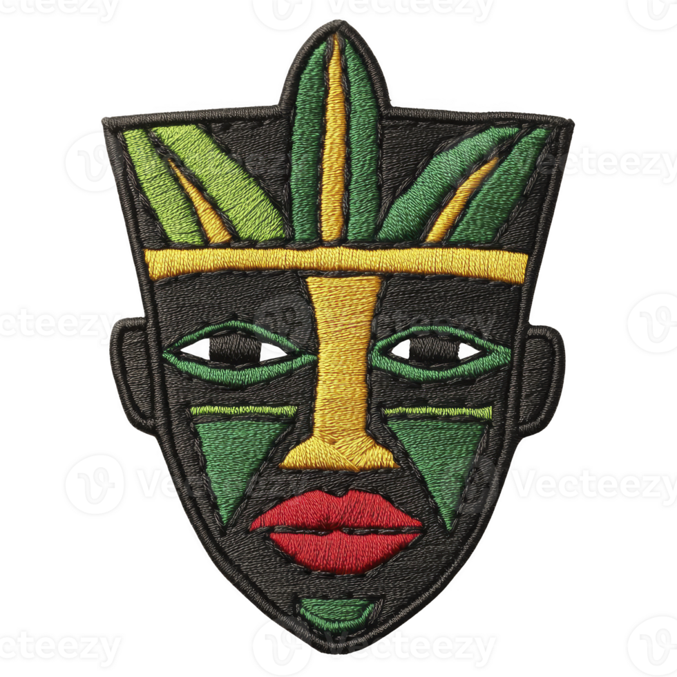 An embroidered patch features stylized tribal mask design with vibrant colors including green, yellow, and red. mask has geometric patterns and bold lines, creating striking visual effect png