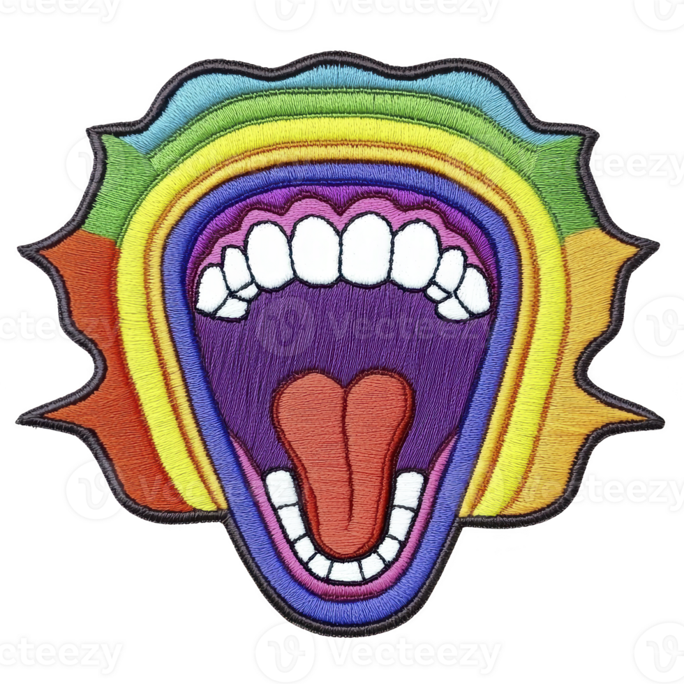 A vibrant embroidered patch features colorful open mouth with rainbow background, expressing excitement and energy. design is bold and eye catching, perfect for adding flair to clothing png