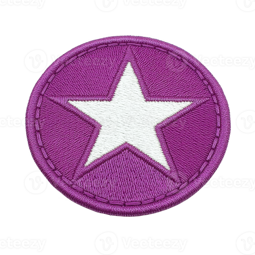 A round purple embroidered patch features prominent white star in center, symbolizing achievement or recognition. patch is neatly stitched, showcasing craftsmanship and attention to detail png