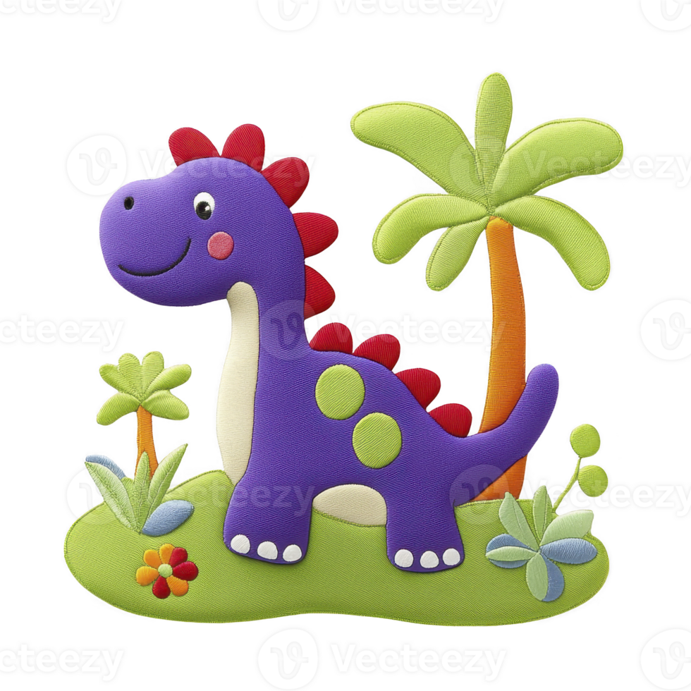A cute, colorful cartoon dinosaur with purple body and red spikes stands happily among green palm trees and flowers on grassy patch png
