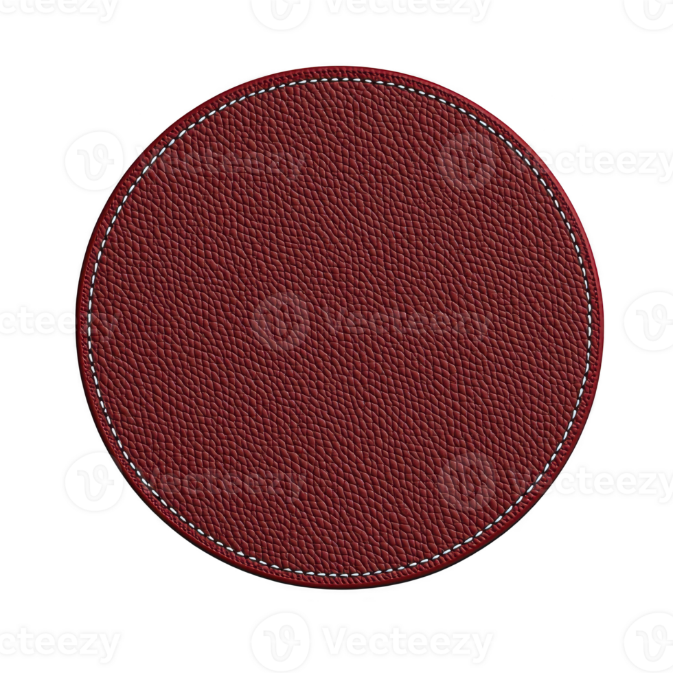 A round, textured red leather patch with visible stitching around edges, creating classic and elegant appearance. rich color and detailed texture add touch of sophistication png