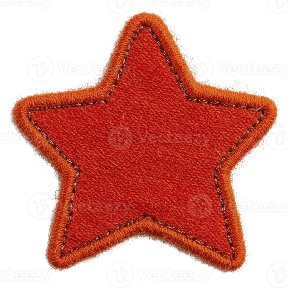 A vibrant red star shaped fabric patch with orange stitching and textured surface, perfect for adding playful touch to clothing or accessories png