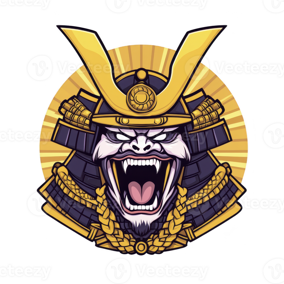 A fierce samurai helmet illustration with roaring expression, featuring intricate gold and purple details, symbolizing strength and tradition. design is bold and dynamic png