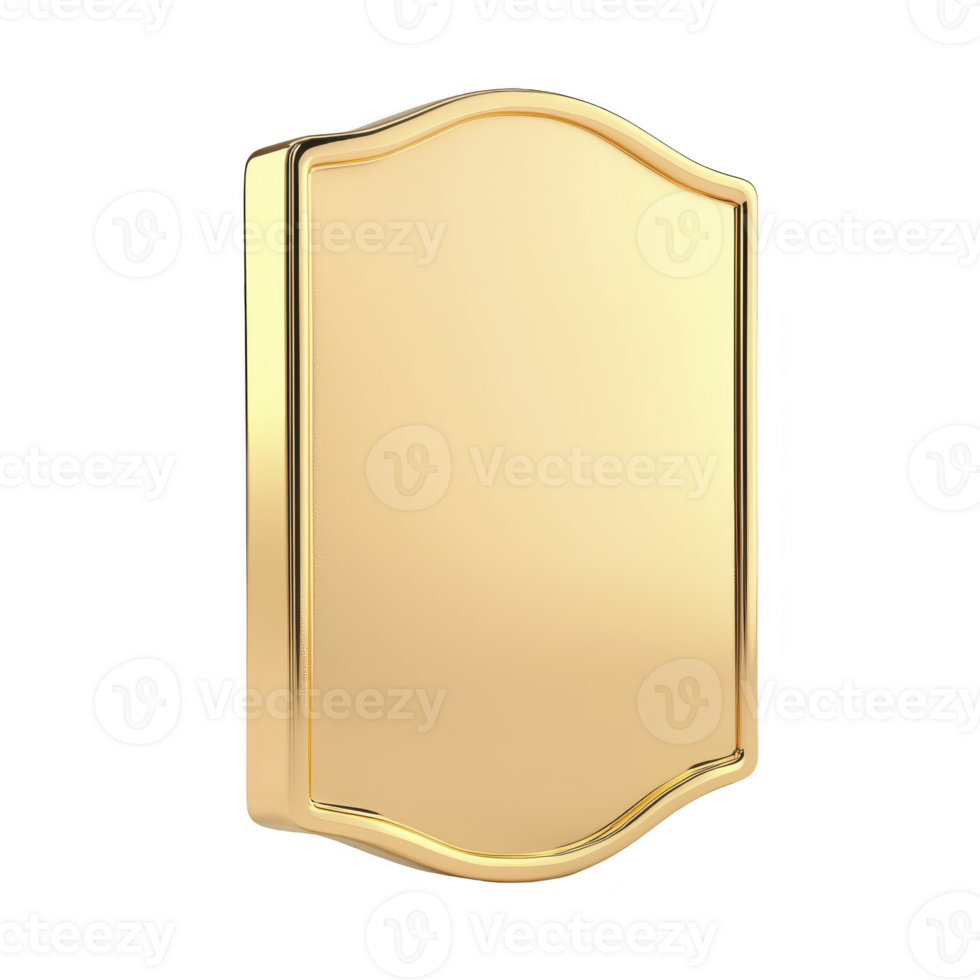 A gold shield shaped plaque with smooth, reflective surface and elegant curves, perfect for awards or decorative purposes. shiny finish adds touch of luxury and sophistication png