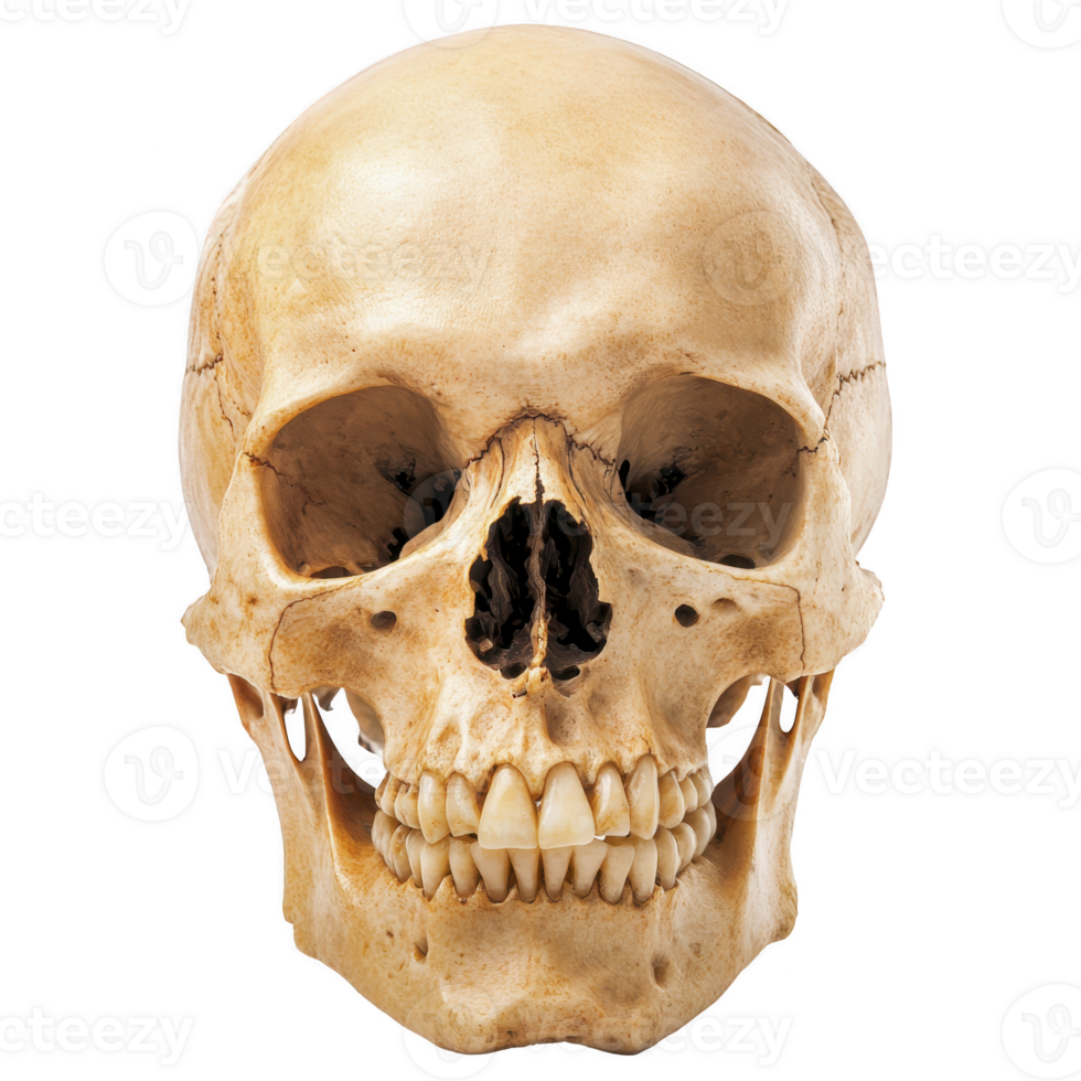 A human skull with detailed bone structure is shown, highlighting eye sockets, nasal cavity, and teeth. image is isolated on transparency background, emphasizing anatomical features png
