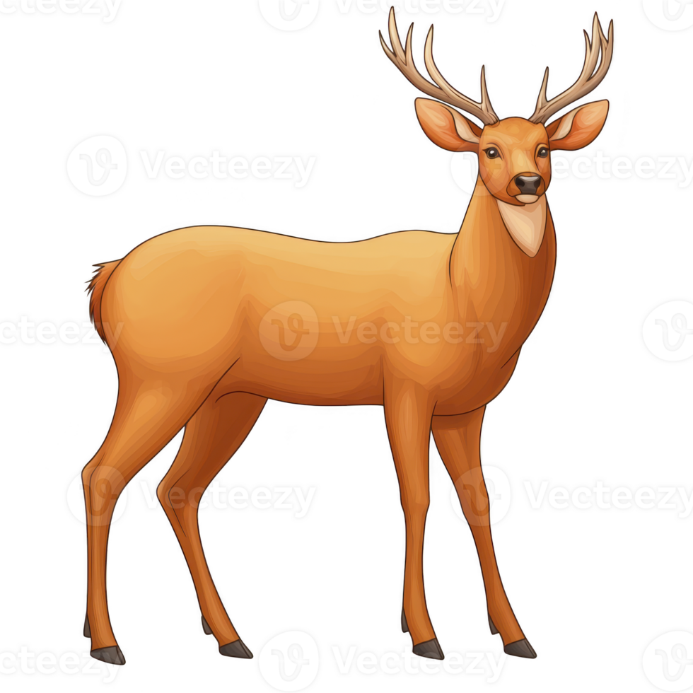 A graceful deer with large antlers stands elegantly, showcasing its smooth brown coat and alert expression. detailed illustration captures deer natural beauty and serene presence png